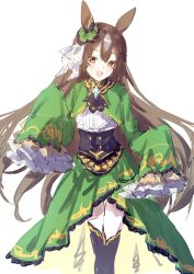 Rule 34 | 1girl, absurdres, animal ears, blush, boots, bow, braid, breasts, brown eyes, brown hair, cottone (highjethoo), dress, ear ornament, frills, green dress, hair between eyes, hair ornament, highres, horse ears, horse girl, horse tail, long hair, long sleeves, looking at viewer, multicolored hair, open mouth, satono diamond (umamusume), shirt, simple background, skirt, sleeves past fingers, sleeves past wrists, small breasts, smile, solo, tail, umamusume, very long hair, white background