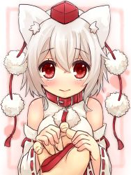 Rule 34 | 1girl, animal ears, bad id, bad pixiv id, bare shoulders, blush, collar, detached sleeves, hat, heart, heart-shaped pupils, highres, holding hands, inubashiri momiji, leash, looking at viewer, pet play, pom pom (clothes), pov, sawatari (sado), short hair, silver hair, solo focus, symbol-shaped pupils, tokin hat, touhou, upper body, wolf ears