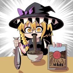Rule 34 | 1girl, absurdres, animal, black-framed eyewear, black hat, black vest, blank stare, blonde hair, bow, braid, breasts, commentary request, cookie (touhou), eating, emphasis lines, fish, food, frilled hat, frills, glasses, hair bow, hat, hat bow, highres, holding, holding animal, holding fish, holding painting, kirisame marisa, long hair, looking at viewer, noodles, open mouth, painting (object), puffy short sleeves, puffy sleeves, purple bow, rectangular eyewear, semi-rimless eyewear, shirt, short sleeves, single braid, small breasts, soba, solo, sznkrs, table, touhou, under-rim eyewear, upper body, uzuki (cookie), vest, white shirt, witch hat, yellow eyes