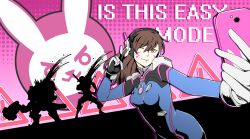 Rule 34 | 1girl, 2boys, all-out attack, blue bodysuit, bodysuit, breasts, brown hair, cellphone, d.va (overwatch), desilvered, english text, facial mark, genji (overwatch), medium breasts, multiple boys, one eye closed, overwatch, overwatch 1, parody, persona, persona 5, phone, rabbit, reinhardt (overwatch), selfie, tagme, v, yellow eyes