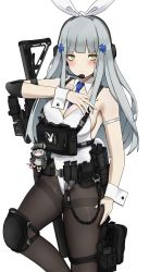 Rule 34 | 1girl, absurdres, alternate costume, animal ears, assault rifle, belt, between breasts, black pantyhose, blue necktie, blunt bangs, breasts, character doll, cleavage, collarbone, cross hair ornament, detached collar, fake animal ears, fte (fifteen 199), g11 (girls&#039; frontline), girls&#039; frontline, green eyes, gun, h&amp;k hk416, hair ornament, headset, highres, hk416 (girls&#039; frontline), knee pads, large breasts, leotard, long hair, necktie, necktie between breasts, pantyhose, playboy bunny, pouch, rabbit ears, rifle, silver hair, simple background, solo, strapless, strapless leotard, tactical playboy bunny, thigh pouch, thighband pantyhose, utility belt, weapon, white background, white leotard, wrist cuffs