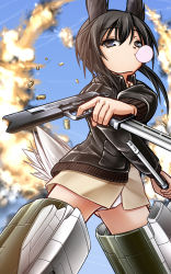 Rule 34 | 1girl, animal ears, black hair, blowing bubbles, blue eyes, casing ejection, chewing gum, contrail, day, dominica s. gentile, dual wielding, explosion, extended magazine, firing, flying, gun, hajime monji, handgun, head wings, holding, holding gun, holding weapon, jacket, m1911, military, military uniform, panties, pistol, shell casing, sidelocks, sky, solo, strike witches, strike witches: kurenai no majo-tachi, striker unit, tail, underwear, uniform, weapon, wings, world witches series