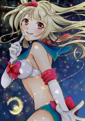 Rule 34 | 1girl, adapted costume, ayano (ue083282), bishoujo senshi sailor moon, blue panties, blue sailor collar, bow, bra, cosplay, elbow gloves, gloves, grey hair, lingerie, looking at viewer, love live!, love live! school idol project, minami kotori, one side up, panties, red bow, sailor collar, sailor moon, sailor moon (cosplay), sailor moon narikiri bra set, underwear, white bra