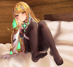 Rule 34 | 1girl, black pantyhose, blonde hair, breasts, chest jewel, dress, headpiece, highres, knees together feet apart, large breasts, long hair, mythra (massive melee) (xenoblade), mythra (xenoblade), pantyhose, short dress, solo, swept bangs, thigh strap, tiara, very long hair, white-paka, white dress, xenoblade chronicles (series), xenoblade chronicles 2, yellow eyes