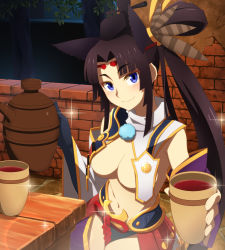 Rule 34 | 1girl, alcohol, armor, asymmetrical clothes, asymmetrical sleeves, bad id, bad pixiv id, black hair, black hat, black panties, blue eyes, blue panties, blunt bangs, breasts, brick wall, closed mouth, cup, fate/grand order, fate (series), hat, highres, holding, holding cup, japanese armor, kusazuri, large breasts, long hair, looking at viewer, midriff, mismatched sleeves, navel, no bra, outstretched arm, panties, parted bangs, pitcher (container), pom pom (clothes), ponytail, revealing clothes, shadowsoforacle, smile, solo, sparkle, tree, underboob, underwear, ushiwakamaru (fate), very long hair, wine