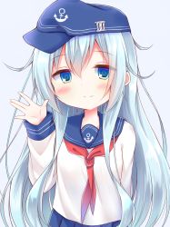 Rule 34 | 1girl, anchor symbol, blue eyes, blue hat, blue sailor collar, blue skirt, blush, closed mouth, commentary request, esureki, flat cap, grey background, hair between eyes, hand up, hat, hibiki (kancolle), highres, kantai collection, long hair, long sleeves, looking at viewer, neckerchief, pleated skirt, red neckerchief, sailor collar, school uniform, serafuku, shirt, silver hair, simple background, skirt, sleeves past wrists, smile, solo, very long hair, white shirt