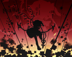 Rule 34 | 1girl, bow, cube, demon wings, dress, etogami kazuya, female focus, flandre scarlet, flying, full body, gradient background, hat, hat bow, holding, holding weapon, laevatein, polearm, shoes, side ponytail, silhouette, solo, spear, touhou, weapon, wings, zoom layer
