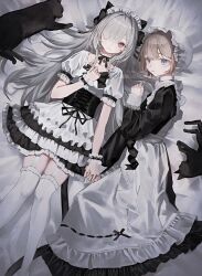 Rule 34 | 2girls, apron, bed sheet, bell, black cat, black dress, blonde hair, blue eyes, bonnet, cat, choker, commission, dress, feet out of frame, frilled apron, frilled bonnet, frilled dress, frills, garter straps, grey hair, hair over one eye, highres, holding hands, lace-trimmed choker, lace trim, long dress, long hair, lying, maid, maid apron, maid headdress, multiple cats, multiple girls, neck bell, neck ribbon, on back, on bed, on side, original, pink eyes, puffy short sleeves, puffy sleeves, ribbon, short hair, short sleeves, shou (mori boro), skeb commission, thighhighs, watermark, white thighhighs, yuri