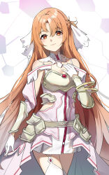 Rule 34 | 1girl, absurdres, armor, asuna (sao), asuna (stacia), blush, braid, breastplate, breasts, brown eyes, brown hair, cleavage, closed mouth, commentary, cowboy shot, detached sleeves, dress, french braid, gloves, highres, hip armor, long hair, looking at viewer, medium breasts, sakanafish, sleeveless, sleeveless dress, smile, solo, standing, sword art online, sword art online: alicization, sword art online: alicization - war of underworld, thighhighs, very long hair, white dress, white gloves, white sleeves, white thighhighs