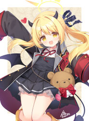 Rule 34 | 1girl, :d, aiguillette, animal bag, armband, arms up, bag, bear bag, black coat, black dress, black horns, black ribbon, black tail, black wings, blonde hair, bloomers, blue archive, blush, border, bow, brown background, brown bag, buttons, coat, collared shirt, commentary request, demon girl, demon horns, demon tail, demon wings, dress, floating hair, floral background, frills, hair between eyes, hair intakes, hair ribbon, halo, heart, horns, ibuki (blue archive), ikataruto, long hair, long sleeves, looking at viewer, low wings, neck ribbon, open clothes, open coat, open mouth, outside border, pleated dress, pointy ears, red armband, red bow, red ribbon, ribbon, safety pin, shirt, side ponytail, sidelocks, simple background, sleeves past fingers, sleeves past wrists, smile, solo, tail, tareme, underwear, very long sleeves, white bloomers, white border, white shirt, wing collar, wings, yellow eyes
