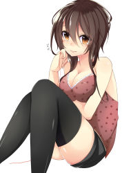 Rule 34 | 1girl, bare shoulders, black thighhighs, bloodcatblack, blush, breast hold, breasts, brown eyes, brown hair, cleavage, highres, large breasts, long hair, looking at viewer, original, shorts, simple background, sitting, solo, string, string of fate, tears, thighhighs, white background