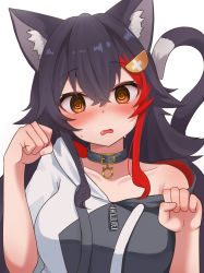Rule 34 | 1girl, @ (symbol), absurdres, alternate animal ears, alternate tail, animal ears, black hair, blush, breasts, cat ears, cat girl, cat tail, fang, highres, hololive, hood, hood down, hoodie, large breasts, long hair, micon, multicolored hair, off shoulder, ookami mio, ookami mio (casual), orange eyes, paw pose, red hair, tail, two-tone hair, virtual youtuber