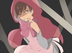 Rule 34 | 10s, 1boy, bad id, bad twitter id, black background, bow, brown eyes, brown hair, cosplay, crossdressing, dress, finger to mouth, hood, little red riding hood, little red riding hood (grimm), little red riding hood (grimm) (cosplay), male focus, matsuno todomatsu, mikanmochi, osomatsu-kun, osomatsu-san, shaded face, solo