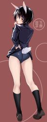 Rule 34 | 1girl, :o, absurdres, animal ears, ass, black hair, black one-piece swimsuit, black shirt, black socks, blush, brave witches, brown footwear, character name, clothing cutout, from behind, full body, hair between eyes, hand on own hip, highres, kneehighs, long sleeves, looking at viewer, looking back, one-piece swimsuit, open mouth, purple background, purple eyes, rabbit girl, rabbit tail, shimohara sadako, shirt, shoes, socks, solo, standing, swimsuit, swimsuit under clothes, tail, tail through clothes, translation request, ulrich (tagaragakuin), world witches series
