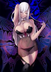 Rule 34 | 1girl, arm up, armpits, black panties, black thighhighs, breasts, bursting breasts, butterfly wings, cleavage, cleavage cutout, clothing cutout, covered erect nipples, covered navel, dress, ere (2516325), female focus, gothic wa mahou otome, gradient background, groin, twirling hair, half-closed eyes, halterneck, highres, hip focus, huge breasts, insect wings, large breasts, long hair, long pointy ears, looking at viewer, lowleg, lowleg panties, naughty face, navel, nelende (gothic wa mahou otome), panties, pink eyes, pointy ears, raised eyebrows, seductive smile, see-through, short dress, skindentation, smile, solo, string panties, thighhighs, thighs, turtleneck, underwear, very long hair, white hair, wings