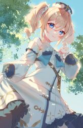 Rule 34 | 1girl, absurdres, barbara (genshin impact), blonde hair, blue eyes, bow, bowtie, closed mouth, day, dress, drill hair, from below, genshin impact, hair between eyes, harushio, highres, long hair, long sleeves, looking at viewer, outdoors, skirt hold, smile, solo, twin drills, twintails, white bow, white bowtie, white dress
