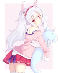 Rule 34 | 1girl, animal ears, azur lane, blush, commentary request, cowboy shot, expressionless, fish, from side, hair between eyes, hair bobbles, hair ornament, hairband, head tilt, holding, holding stuffed toy, jacket, laffey (azur lane), leaning forward, long hair, looking at viewer, looking back, miniskirt, nibosi, pink background, pink jacket, pleated skirt, rabbit ears, rabbit tail, red hairband, red skirt, ribbon, seahorse, silver hair, simple background, skirt, sleeves past fingers, sleeves past wrists, solo, sparkle background, strap slip, stuffed animal, stuffed toy, tail, tail ornament, tail ribbon, thighhighs, twintails, white thighhighs