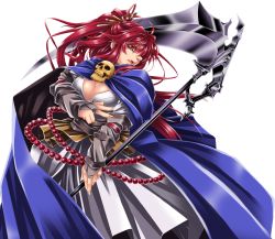 Rule 34 | 1girl, adapted costume, alternate weapon, beads, breasts, bridal gauntlets, cape, cleavage, female focus, hair bobbles, hair ornament, hair ribbon, highres, large breasts, long sleeves, obi, onozuka komachi, open mouth, red eyes, red hair, ribbon, sash, scythe, short hair, simple background, skull, solo, touhou, twintails, two side up, weapon, white background, yoiti