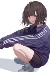 Rule 34 | 1girl, absurdres, bike shorts, black hair, blue jacket, brown eyes, commentary, english commentary, fang, highres, hwoi (hw 123), jacket, long sleeves, looking at viewer, nike (company), open mouth, original, shadow, shoes, short hair, simple background, skin fang, sneakers, solo, squatting, track jacket, white background, white footwear