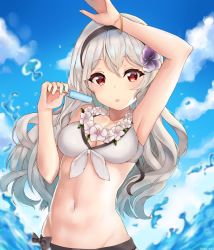 Rule 34 | 1girl, arm up, artist request, bikini, black hairband, blue sky, bracelet, breasts, cleavage, cloud, corrin (female) (fire emblem), corrin (female) (summer) (fire emblem), corrin (fire emblem), day, fire emblem, fire emblem fates, fire emblem heroes, flower, food, hair flower, hair ornament, hairband, highres, holding, hyan-rei, jewelry, long hair, navel, nintendo, official alternate costume, outdoors, pointy ears, popsicle, red eyes, sky, solo, swimsuit, tongue, tongue out, upper body, water, white hair, wreath