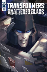 Rule 34 | 1boy, blue eyes, broken glass, comic cover, commentary, copyright name, cover, cover page, decepticon, english commentary, glass, highres, logo, mecha, megatron, megatron (sg), no humans, official art, open hand, parted lips, robot, sara p-d, science fiction, solo, transformers, transformers shattered glass, upper body