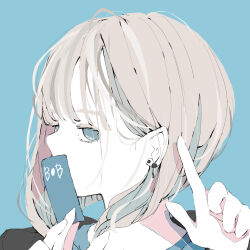 Rule 34 | 1girl, absurdres, black jacket, blue background, blue eyes, bob cut, card, choppy bangs, covering own mouth, earrings, grey hair, highres, holding, holding card, index finger raised, jacket, jewelry, long bangs, looking to the side, no pupils, nocopyrightgirl, open clothes, open jacket, original, pale skin, portrait, shirt, short hair, simple background, solo, white shirt