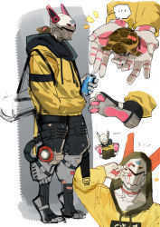 Rule 34 | ..., 1other, absurdres, bandaid, can, choker, clothed robot, collarbone, commentary, english commentary, english text, full body, hand in pocket, hand up, highres, holding, holding can, hood, hood down, hoodie, long sleeves, mechanical parts, multiple views, non-humanoid robot, original, paw print, pocket, robot, robot animal, robot ears, simple background, speech bubble, standing, star (symbol), turtle, v, vulpetrope, yellow hoodie
