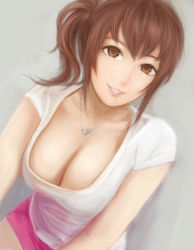 Rule 34 | 1girl, blouse, breasts, brown eyes, brown hair, cleavage, downblouse, dutch angle, face, heart, jewelry, large breasts, leaning forward, lips, moekyon, necklace, original, parted lips, shirt, side ponytail, sidelocks, simple background, smile, solo, teeth