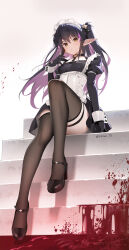 Rule 34 | 1girl, apron, blood, blood splatter, choker, gloves, highres, long hair, maid, maid apron, maid headdress, mary (siino), multicolored hair, original, pointy ears, revision, siino, simple background, solo, stairs, thighhighs, wrist cuffs