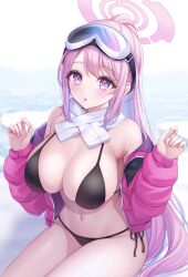 Rule 34 | 1girl, :o, absurdres, bikini, black bikini, blue archive, blush, breasts, cleavage, down jacket, eimi (blue archive), eimi (swimsuit) (blue archive), glacier, goggles, goggles on head, halo, highres, jacket, large breasts, long hair, looking at viewer, navel, official alternate costume, open clothes, open jacket, padded jacket, pink eyes, pink hair, pink halo, pink jacket, ponytail, scarf, side-tie bikini bottom, sideboob, ski goggles, skindentation, solo, swimsuit, white scarf, yonai34