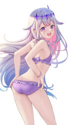 Rule 34 | 1girl, absurdres, ass, bikini, circlet, colored inner hair, flat chest, frilled bikini, frills, from behind, grey hair, hair ornament, highres, hololive, hololive english, jewel under eye, koseki bijou, long hair, looking at viewer, looking back, multicolored hair, open mouth, pink hair, purple eyes, shironekokfp, simple background, smile, solo, swimsuit, virtual youtuber, wet