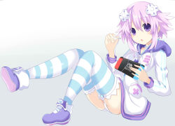 Rule 34 | 10s, 1girl, :o, absurdres, ass, bad anatomy, bad proportions, choker, d-pad, earphones, full body, game console, gradient background, grey background, hair ornament, highres, hood, hooded jacket, hoodie, jacket, looking at viewer, neptune (neptunia), neptune (series), nintendo switch, panties, pink hair, purple eyes, purple hair, ramu-on@ shinon, shin jigen game neptune vii, shoes, short hair, simple background, sitting, solo, striped clothes, striped thighhighs, thighhighs, thighs, underwear, white panties