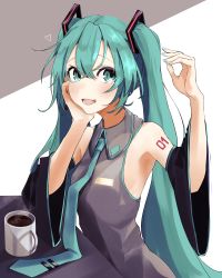 Rule 34 | 1girl, absurdres, aqua eyes, aqua hair, aqua nails, aqua necktie, armpits, bare shoulders, black sleeves, coffee, coffee mug, commentary, cup, detached sleeves, grey shirt, hair ornament, hand on own cheek, hand on own face, hand up, hatsune miku, heart, highres, long hair, mug, nail polish, necktie, open mouth, shirt, shoulder tattoo, sidelighting, sitting, sleeveless, sleeveless shirt, smile, solo, t-one, table, tattoo, twintails, upper body, very long hair, vocaloid, wide sleeves