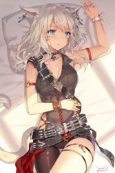 Rule 34 | 10s, 1girl, 2016, animal ears, armband, asymmetrical legwear, warrior of light (ff14), bare shoulders, bed sheet, belt, blue eyes, blush, bracelet, breasts, cat ears, cat tail, collarbone, cowboy shot, dated, earrings, facial mark, final fantasy, final fantasy xiv, gem, hand on own stomach, highres, jewelry, long hair, lying, medium breasts, miqo&#039;te, mismatched legwear, momoko (momopoco), on back, on bed, pants, parted lips, pillow, ribbon, ring, signature, sleeveless, slit pupils, solo, sunlight, tail, thigh gap, tight clothes, tight pants, twitter username, wavy hair, white hair
