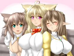 Rule 34 | 3girls, :d, animal ears, bench, blush, bow, bowtie, breasts, brown hair, commentary request, dress, elf, closed eyes, fox ears, green eyes, highres, huge breasts, juliet sleeves, large breasts, long hair, long sleeves, looking at viewer, minarai tenna, multiple girls, open mouth, original, parted lips, pointy ears, puffy sleeves, purple eyes, red neckwear, sitting, sleeping, smile, white dress