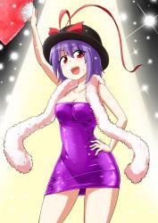 Rule 34 | 1girl, :d, alternate costume, arm up, bare arms, breasts, cleavage, collarbone, dress, female focus, gradient background, hand fan, hand on own hip, happy, hat, hat ribbon, kousei (public planet), legs, looking at viewer, nagae iku, open mouth, purple dress, purple hair, red eyes, ribbon, saturday night fever, shawl, short dress, short hair, smile, solo, stage lights, standing, strapless, strapless dress, touhou