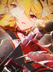 Rule 34 | 1boy, black jacket, blonde hair, bow, broken glass, ensemble stars!, glass, highres, jacket, kes 0210, looking at viewer, male focus, multicolored clothes, multicolored jacket, nito nazuna, official alternate costume, open mouth, red eyes, red jacket, red shirt, reminiscence marionette (ensemble stars!), shirt, solo, white bow