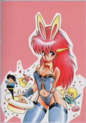 Rule 34 | 1990s (style), 1girl, animal ears, arm behind back, bare shoulders, bow, bowtie, bra, chibi, confetti, contrapposto, corset, detached collar, dick saucer, dragon half, fingerless gloves, garter straps, gloves, hat, horns, king siva, lace, lace-trimmed bra, lace trim, legs apart, lingerie, lufa (dragon half), magician, mink (dragon half), navel, peeking out, pia (dragon half), pink background, rabbit ears, rabbit tail, retro artstyle, solo, standing, strapless, strapless bra, tail, thighhighs, top hat, underwear, veena (dragon half), wide stance
