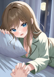 Rule 34 | 1boy, 1girl, bed sheet, blue eyes, blush, breasts, brown hair, cleavage, full moon, hetero, highres, holding hands, indoors, interlocked fingers, large breasts, long hair, looking at viewer, lying, moon, night, on bed, on stomach, original, pajamas, pillow, piyopoyo, pov, solo focus
