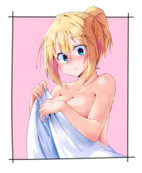 Rule 34 | 1girl, alice margatroid, alternate hairstyle, blonde hair, blue eyes, blush, body blush, breasts, cleavage, commentary request, convenient arm, dondyuruma, hair between eyes, highres, looking at viewer, medium breasts, naked towel, open towel, ponytail, short hair, solo, touhou, towel, upper body