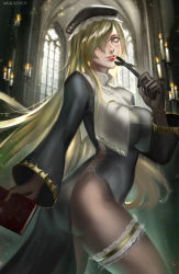 Rule 34 | 1girl, black hair, blonde hair, bloodstained: ritual of the night, blue eyes, bodysuit, breasts, coat, dominique (bloodstained), glasses, hair over one eye, hat, highres, large breasts, bridal garter, long hair, long sleeves, looking at viewer, pantyhose, ragecndy, smile, solo, transparent background