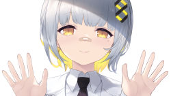 Rule 34 | 1girl, bandaid, bandaid on face, bandaid on nose, black necktie, blonde hair, brown eyes, cait aron, closed mouth, collared shirt, earrings, grey hair, hachi (live union), hair ornament, hands up, highres, jacket, jewelry, live union, looking at viewer, mole, mole under eye, multicolored hair, necktie, shirt, simple background, smile, solo, two-tone hair, upper body, virtual youtuber, white background, white jacket, white shirt, x hair ornament