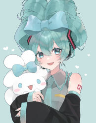 Rule 34 | 1girl, absurdres, aqua eyes, aqua hair, aqua nails, aqua necktie, black sleeves, blue bow, bow, cinnamiku, cinnamoroll, collared shirt, commentary request, creature, detached sleeves, ear bow, folded twintails, grey shirt, hair between eyes, hair bow, hatsune miku, headset, highres, holding, holding creature, koro ten, long sleeves, looking at viewer, matching outfits, necktie, number tattoo, open mouth, sanrio, shirt, sleeveless, sleeveless shirt, sleeves past wrists, smile, solo, tattoo, tied ears, updo, upper body, vocaloid