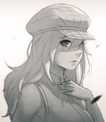 Rule 34 | 10s, 1girl, alisa ilinichina amiella, artist name, bare shoulders, blurry, blush, cabbie hat, closed mouth, collared shirt, commentary, depth of field, god eater, greyscale, hair between eyes, hand on own chest, hat, koyorin, lips, long hair, monochrome, portrait, shirt, simple background, sketch, sleeveless, sleeveless shirt, smile, solo, upper body, wing collar