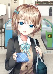 Rule 34 | 1girl, :d, absurdres, ahoge, aqua ribbon, bag, black jacket, blazer, blue bow, blue eyes, blurry, bow, brown cardigan, brown hair, buttons, cardigan, collarbone, collared shirt, commentary request, depth of field, hair bow, hair ornament, hairclip, handkerchief, highres, holding, jacket, long sleeves, looking at viewer, neck ribbon, omoomomo, open clothes, open jacket, open mouth, original, ribbon, school bag, school uniform, shirt, short hair, signature, smile, solo, standing, white shirt, wing collar