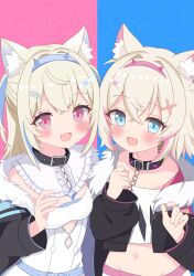 Rule 34 | 2girls, animal ear fluff, animal ears, belt, belt collar, black collar, black jacket, blonde hair, blue background, blue belt, blue hair, blush, collar, cropped jacket, cropped shirt, dog ears, dog girl, dress, fang, fur-trimmed jacket, fur trim, fuwawa abyssgard, fuwawa abyssgard (1st costume), hair ornament, hairpin, highres, hiiragisensei, hololive, hololive english, jacket, long hair, looking at viewer, medium hair, mococo abyssgard, mococo abyssgard (1st costume), multiple girls, open mouth, pink background, pink belt, pink hair, shirt, siblings, sisters, skin fang, smile, spiked collar, spikes, twins, two-tone background, two side up, virtual youtuber, white dress, white shirt, x hair ornament