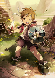 Rule 34 | 1boy, artist name, brick wall, brown eyes, brown hair, child, dagger, grass, highres, knife, looking at viewer, male focus, noeyebrow (mauve), open mouth, original, outdoors, ruins, sheath, shield, short hair, shorts, solo, standing, watch, weapon, wristwatch