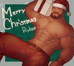 Rule 34 | 1boy, abs, bara, beard, biceps, box, brown hair, bulge, carrying over shoulder, christmas, facial hair, gift, gift box, hat, large pectorals, looking at viewer, lying, male focus, mature male, merry christmas, muscular, muscular male, navel, nipples, on back, original, pants, pectorals, red pants, ryker, santa costume, santa hat, topless male, short hair, smile, solo, spread legs, stomach, thick thighs, thighs