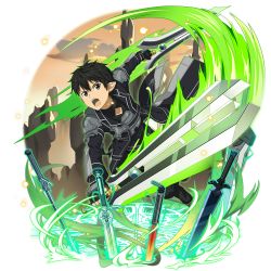 Rule 34 | 1boy, alternate hairstyle, black coat, black eyes, black gloves, black hair, black pants, coat, dual wielding, fingerless gloves, gloves, hair between eyes, highres, holding, holding sword, holding weapon, kirito, kirito (sao-alo), long sleeves, male focus, official art, open mouth, pants, pointy ears, solo, sword, sword art online, transparent background, weapon