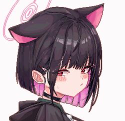 Rule 34 | 1girl, 2049 (hh5566), animal ears, animated, animated gif, black choker, black hair, black jacket, blue archive, blush, cat ears, choker, closed eyes, closed mouth, colored inner hair, extra ears, grin, hood, hood down, hooded jacket, jacket, kazusa (blue archive), looking at viewer, multicolored hair, pink hair, portrait, red eyes, short hair, simple background, smile, solo, white background